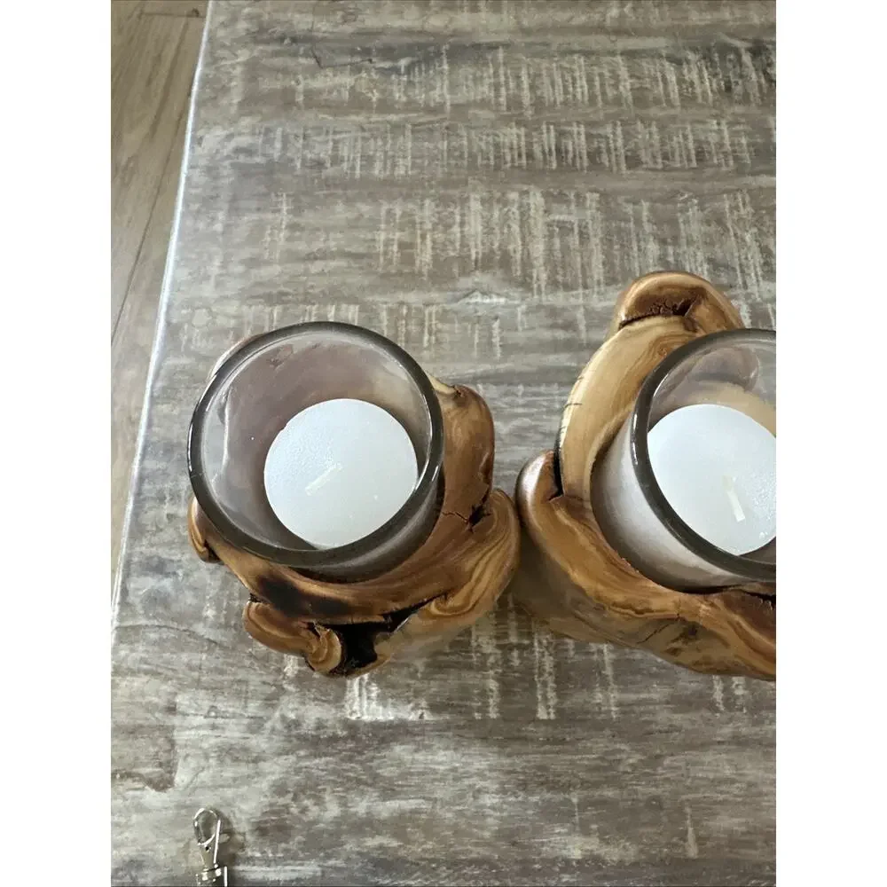 Colorado Aspen Wood Set Of 2 Hand Carved Votive Candle Holders 7”
